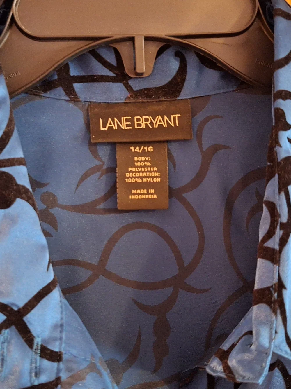 Lane Bryant Blue Floral Velvet Burnout Button-Up Top